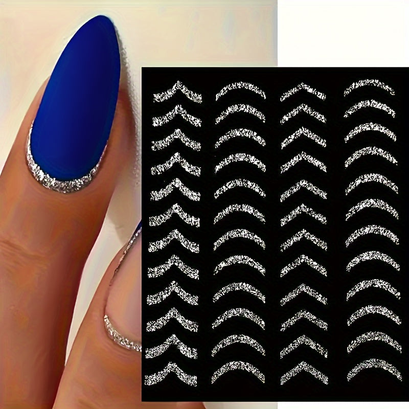 Adesivi per Unghie Glitter Argento di Lusso – Autoadesivi, Strisce e Curve Brillanti per Manicure Eleganti