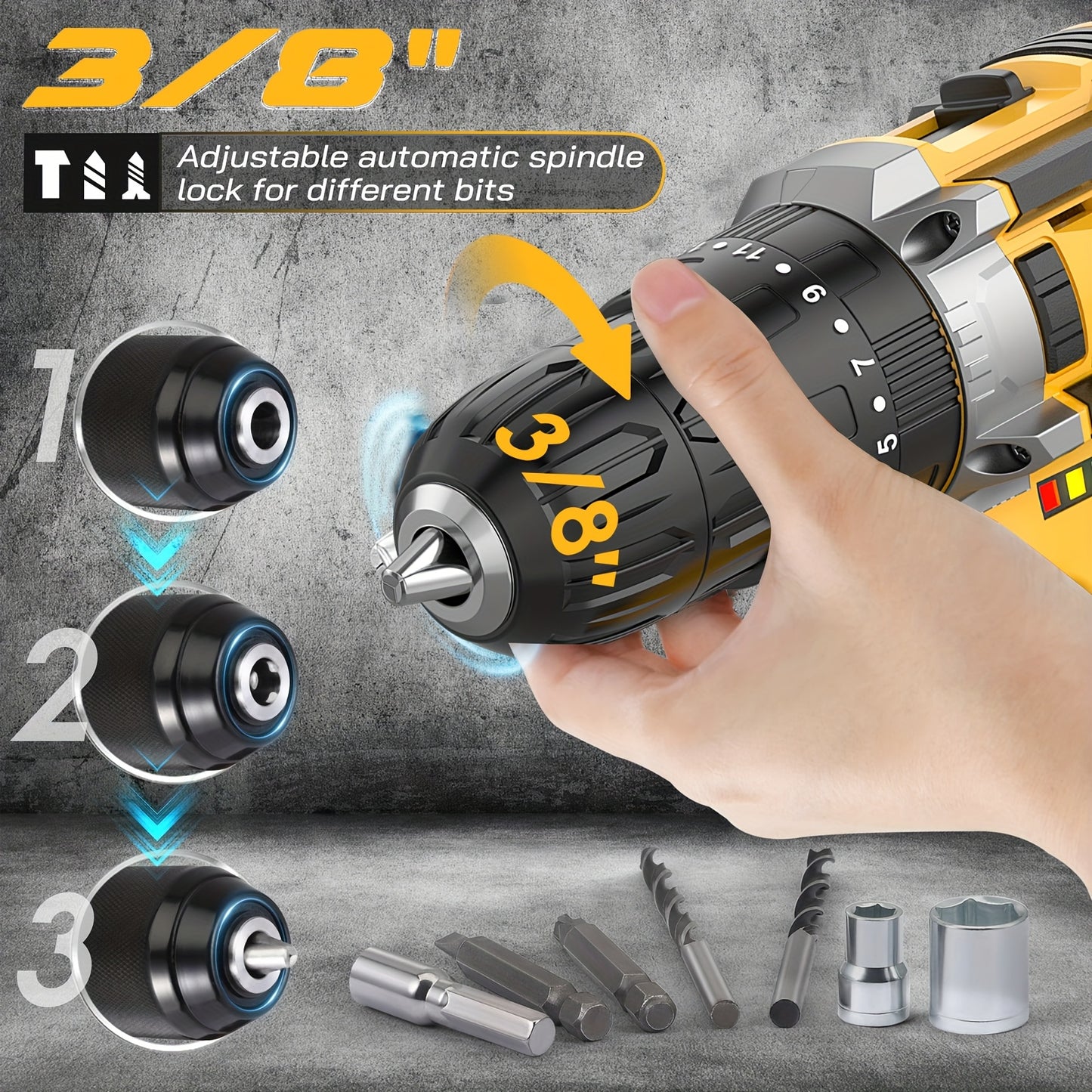 20V Cordless Drill Set, Impact Power Drill with 3/8 Inch Keyless Chuck, 18+3 Clutch Electric Drill with Work Light, Max Torque 45Nm, 2-Variable Speed & 2.0AH Batteries and Fast Charger