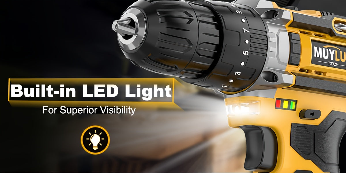 20V Cordless Drill Set, Impact Power Drill with 3/8 Inch Keyless Chuck, 18+3 Clutch Electric Drill with Work Light, Max Torque 45Nm, 2-Variable Speed & 2.0AH Batteries and Fast Charger