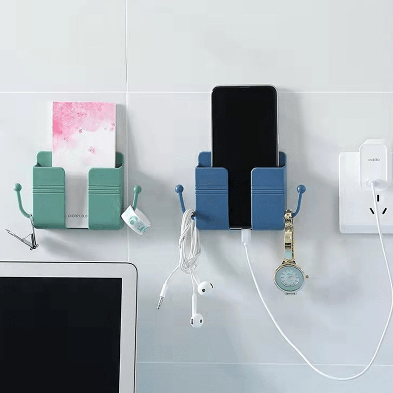 Porta Cellulare da Parete – Organizer Multiuso Senza Fori, Supporto per Telecomando, Scatola di Stoccaggio e Gancio per Ricarica