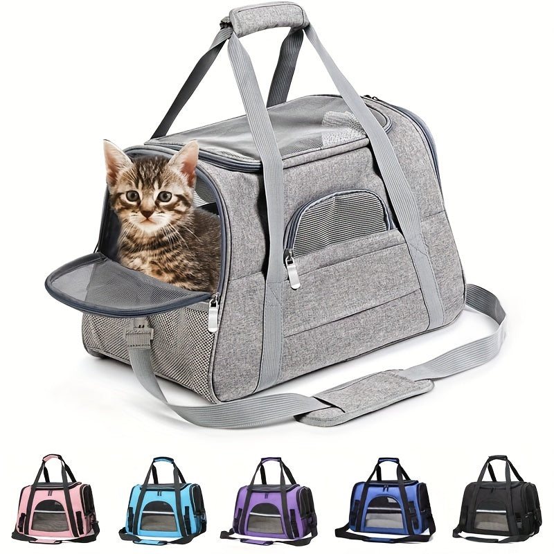 Trasportino Gatto Portatile con Materassino – Grande Capacità, Tasche Traspiranti, Chiusura con Cerniera, Imbottitura Morbida, Cinghie Sicure per Auto e Esterno