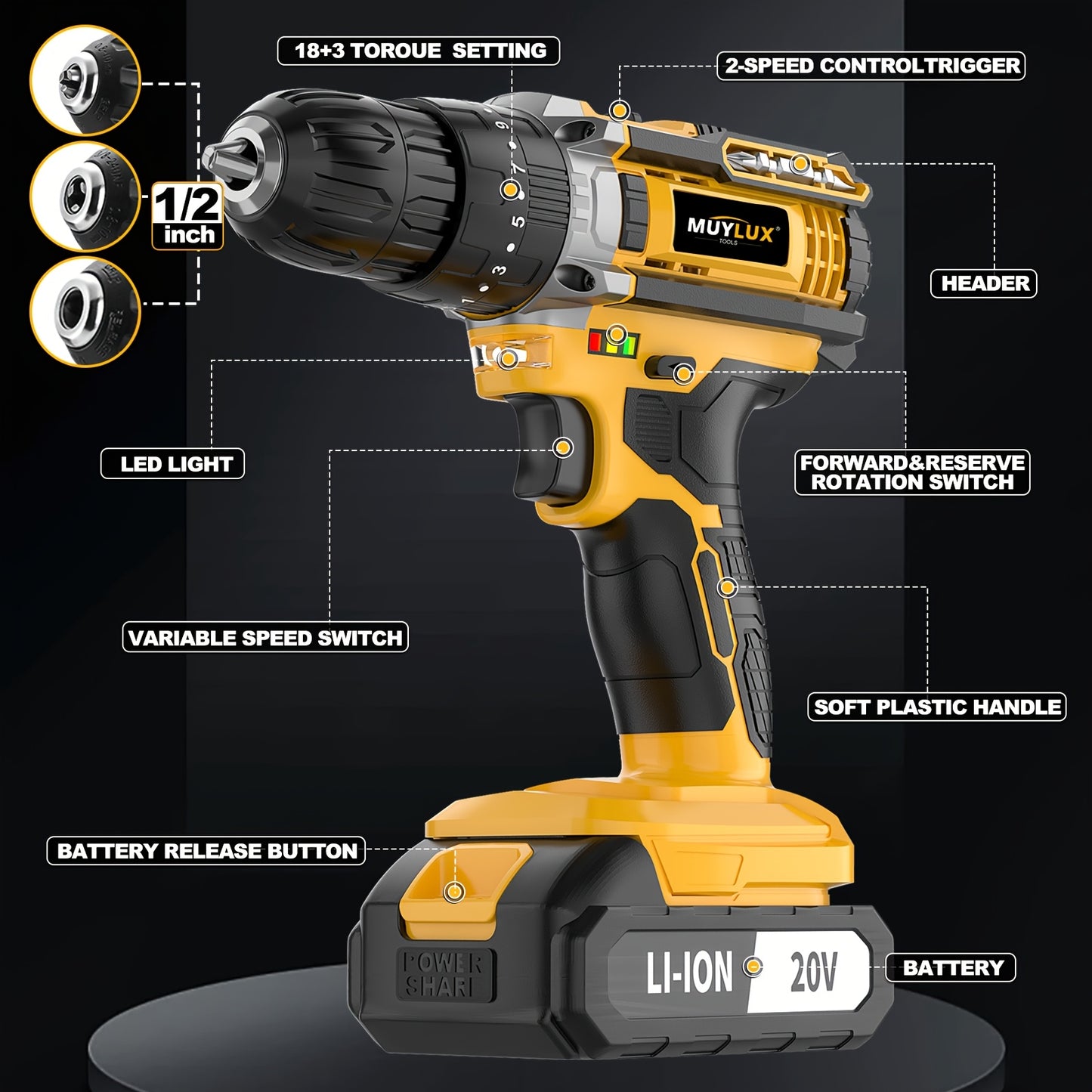20V Cordless Drill Set, Impact Power Drill with 3/8 Inch Keyless Chuck, 18+3 Clutch Electric Drill with Work Light, Max Torque 45Nm, 2-Variable Speed & 2.0AH Batteries and Fast Charger