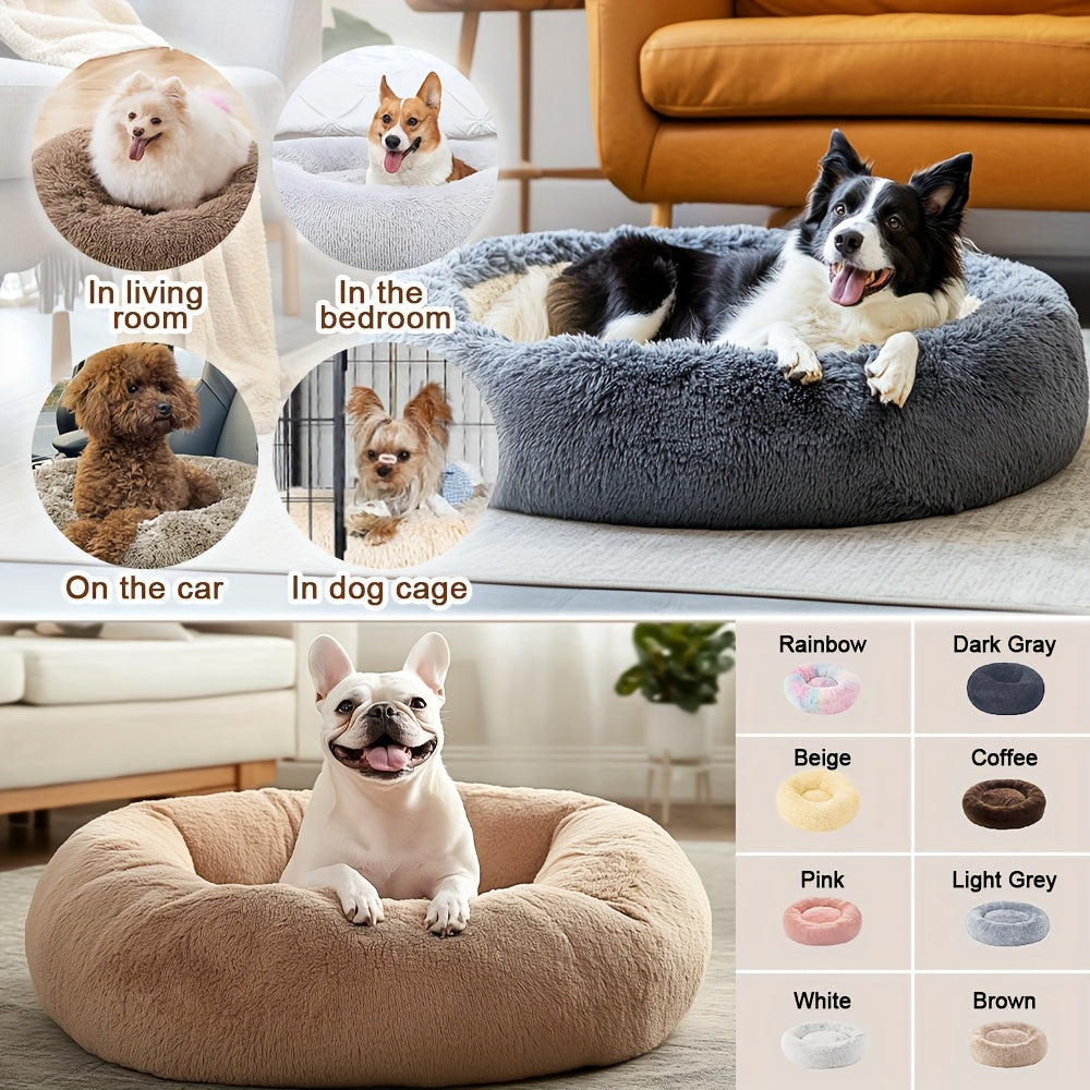 Pat calmant pentru câini și pisici – Cuib rotund tip gogoșar, moale și pufos, din blană artificială, ideal pentru animale mici, medii și mari