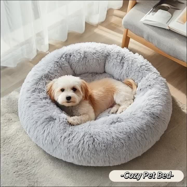 Pat calmant pentru câini și pisici – Cuib rotund tip gogoșar, moale și pufos, din blană artificială, ideal pentru animale mici, medii și mari