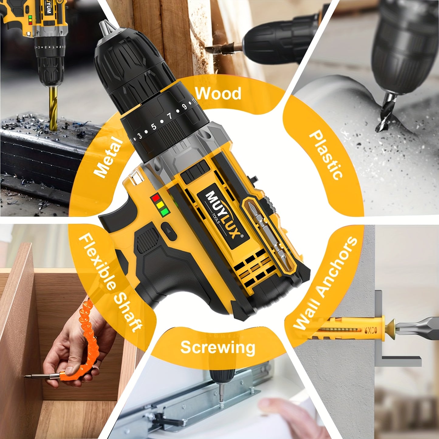 20V Cordless Drill Set, Impact Power Drill with 3/8 Inch Keyless Chuck, 18+3 Clutch Electric Drill with Work Light, Max Torque 45Nm, 2-Variable Speed & 2.0AH Batteries and Fast Charger
