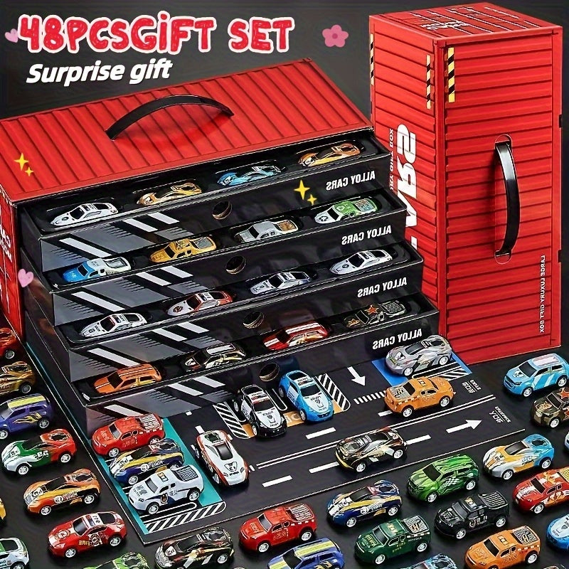 Set 48 Auto da Corsa in Miniatura – Edizione da Collezione con Mappa, Pista e Garage a 4 Piani, Giocattolo Interattivo, Ideale come Regalo per Bambini e Feste