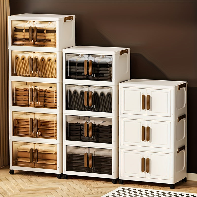 Contenitori Impilabili in Plastica 5 Ripiani con Coperchi – Armadietto Pieghevole, Organizer Collassabile con Ruote per Armadio, Bagno, Casa, Ufficio e Camera da letto