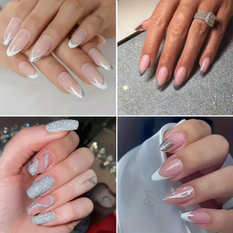 Adesivi per Unghie Glitter Argento di Lusso – Autoadesivi, Strisce e Curve Brillanti per Manicure Eleganti