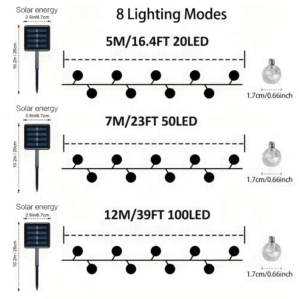 Lumină solară de exterior 20/50/100 LED, ghirlande cu bile calde, 8 moduri, IPX4, pentru grădină, copaci, patio, nuntă, petrecere și Crăciun