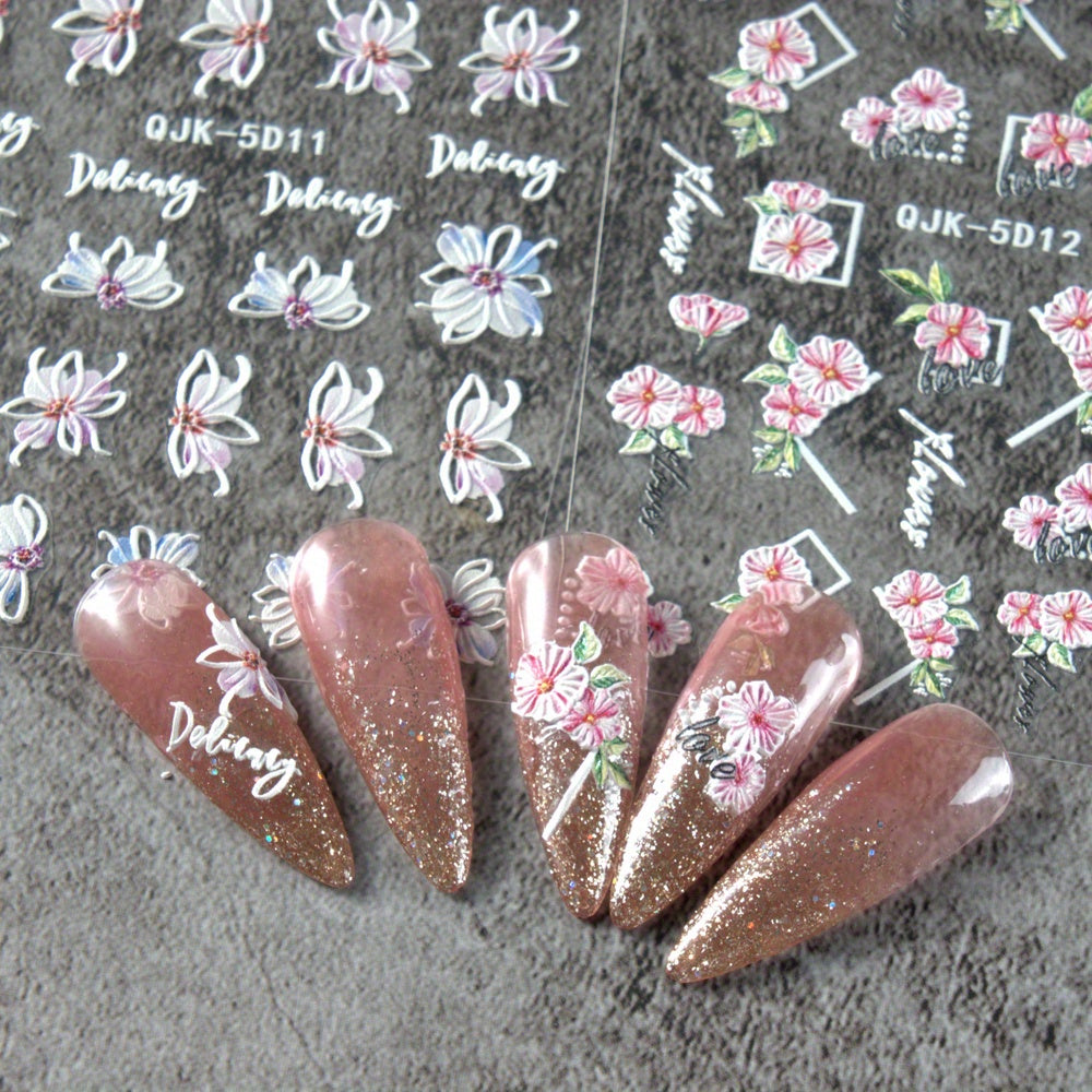 Adesivi Unghie 5D Estivi in Rilievo – Fiori Rosa e Blu, Margherite e Gigli per Unghie Acriliche, Perfetti per Pasqua