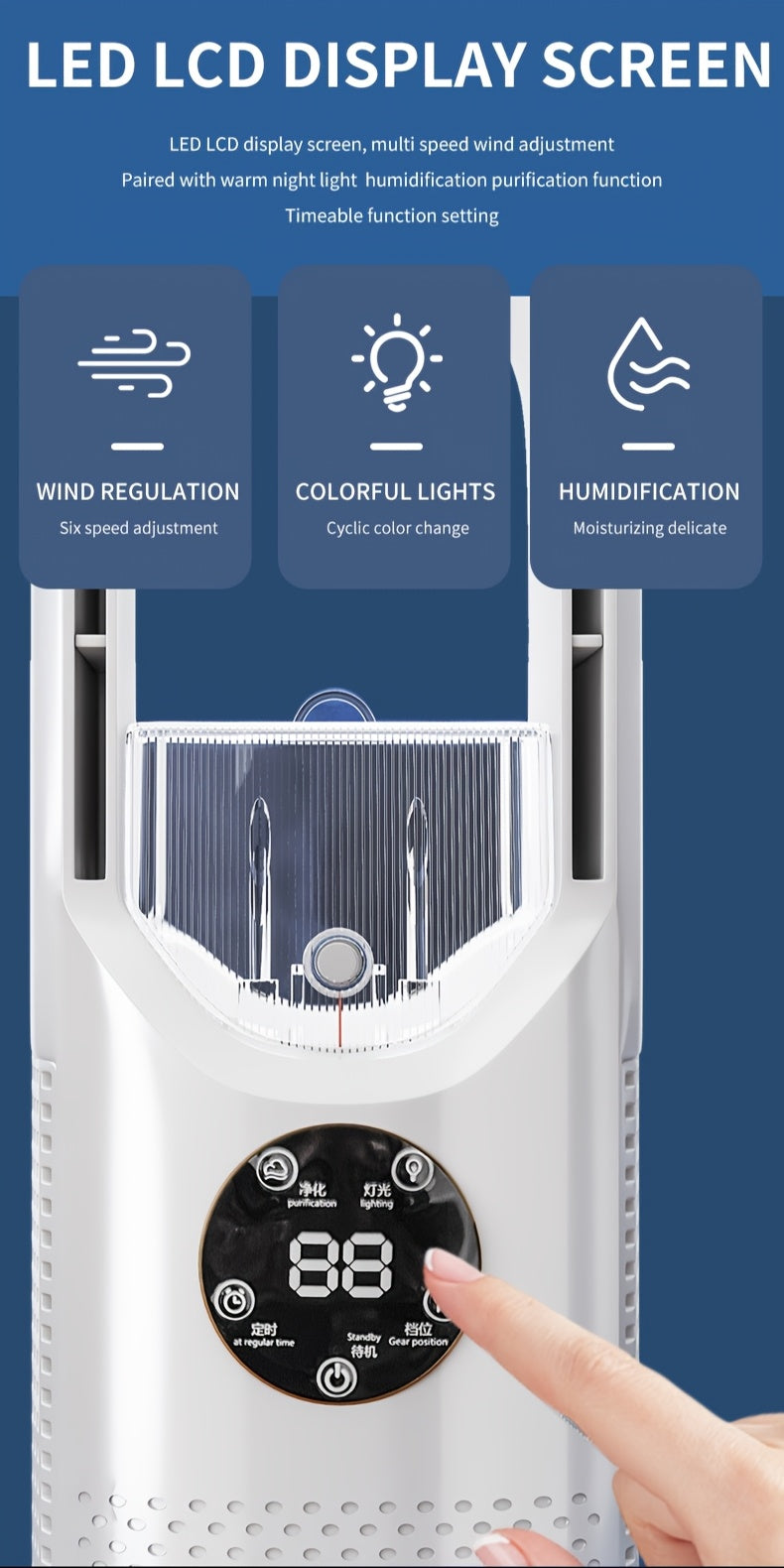 Portable Air Conditioning Fan, USB Tower Fan, Desktop Bladeless Fan - With Water Mist Cooling, Seven-Color LED Ambient Light, Timer and Smart Shutdown - Perfect for Office, Travel, Camping and Home Essentials