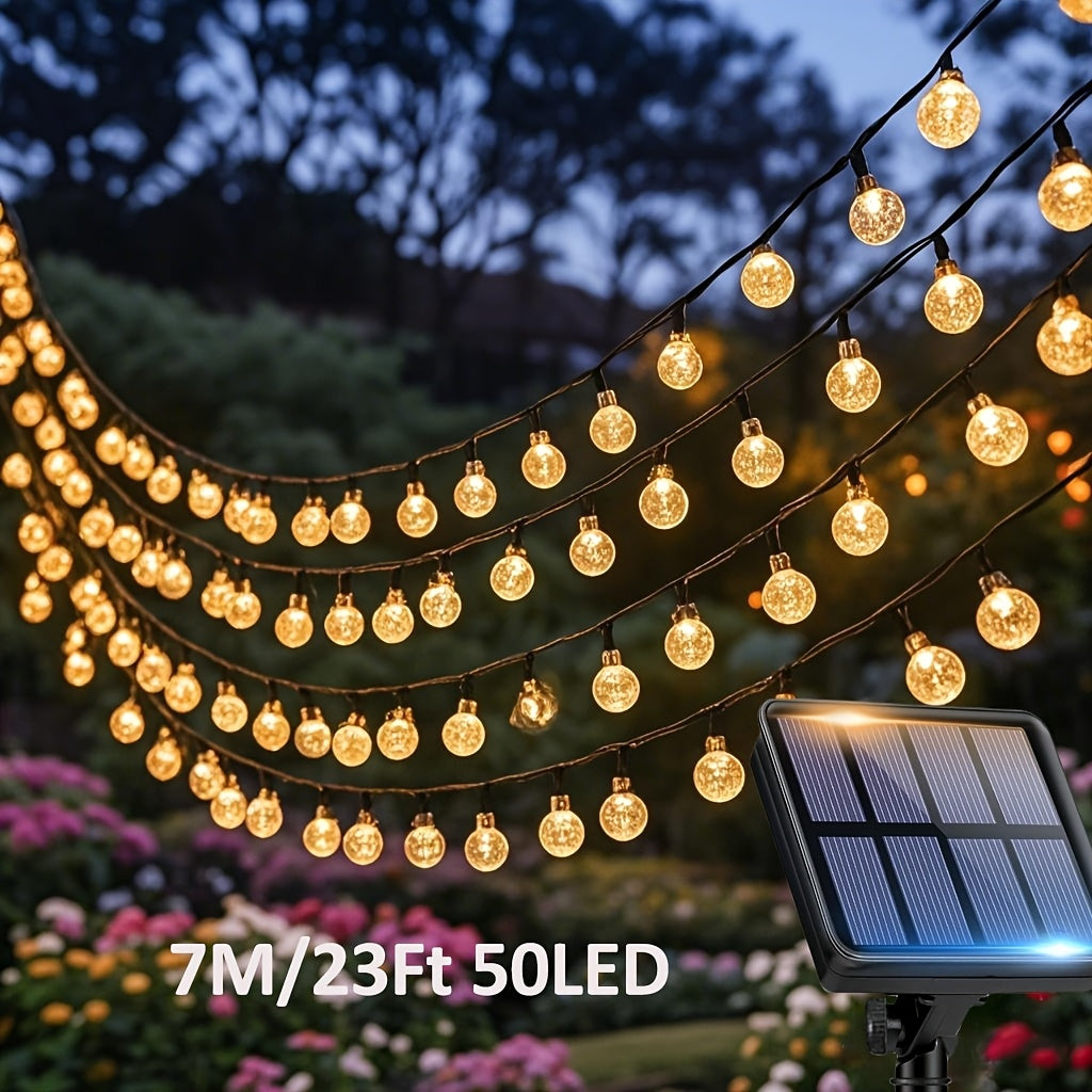 Lumină solară de exterior 20/50/100 LED, ghirlande cu bile calde, 8 moduri, IPX4, pentru grădină, copaci, patio, nuntă, petrecere și Crăciun