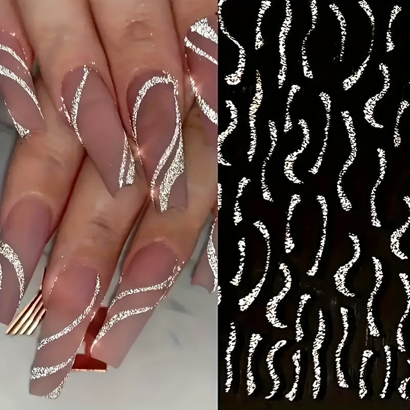 Adesivi per Unghie Glitter Argento di Lusso – Autoadesivi, Strisce e Curve Brillanti per Manicure Eleganti