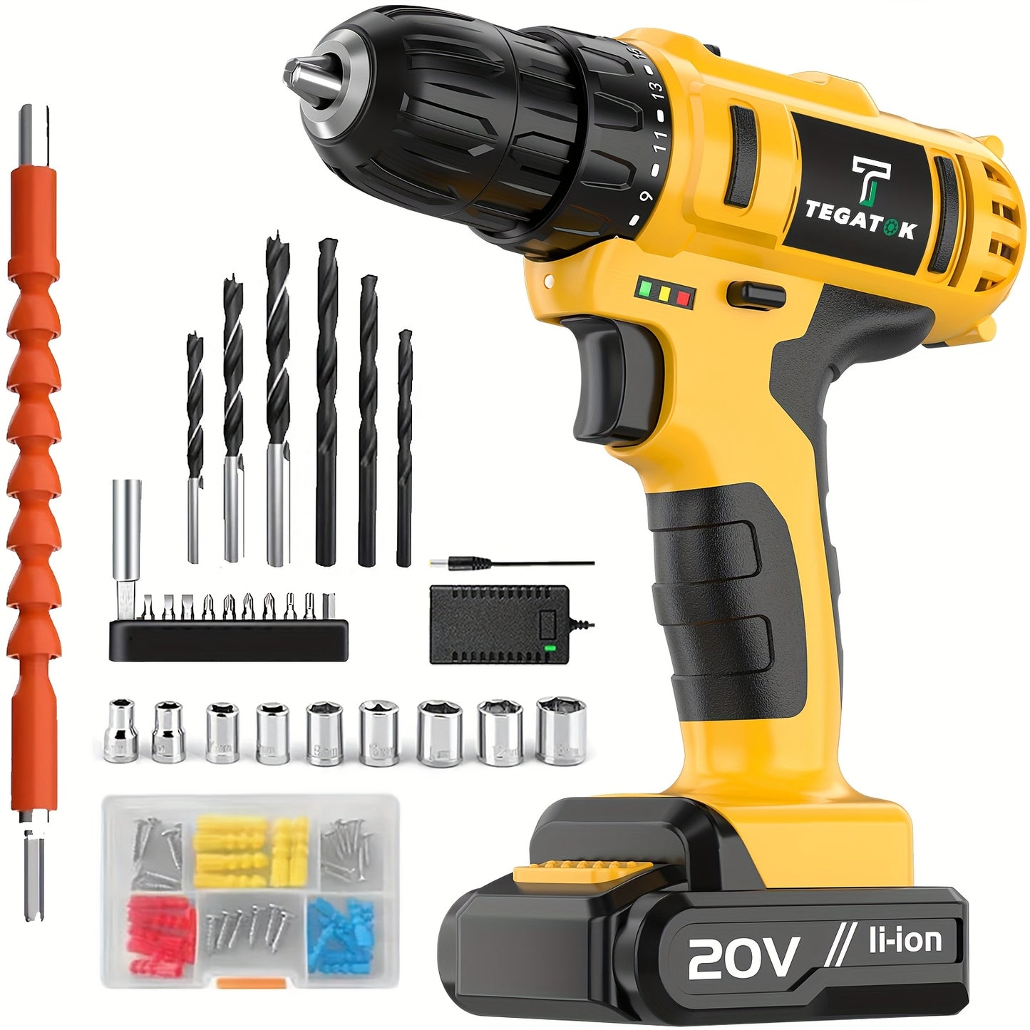 20V Cordless Drill Set, Impact Power Drill with 3/8 Inch Keyless Chuck, 18+3 Clutch Electric Drill with Work Light, Max Torque 45Nm, 2-Variable Speed & 2.0AH Batteries and Fast Charger