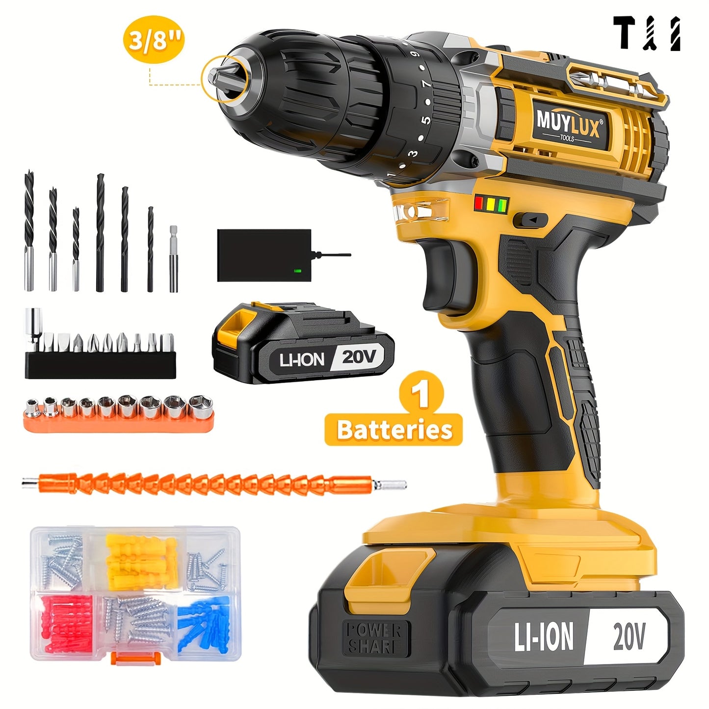 20V Cordless Drill Set, Impact Power Drill with 3/8 Inch Keyless Chuck, 18+3 Clutch Electric Drill with Work Light, Max Torque 45Nm, 2-Variable Speed & 2.0AH Batteries and Fast Charger