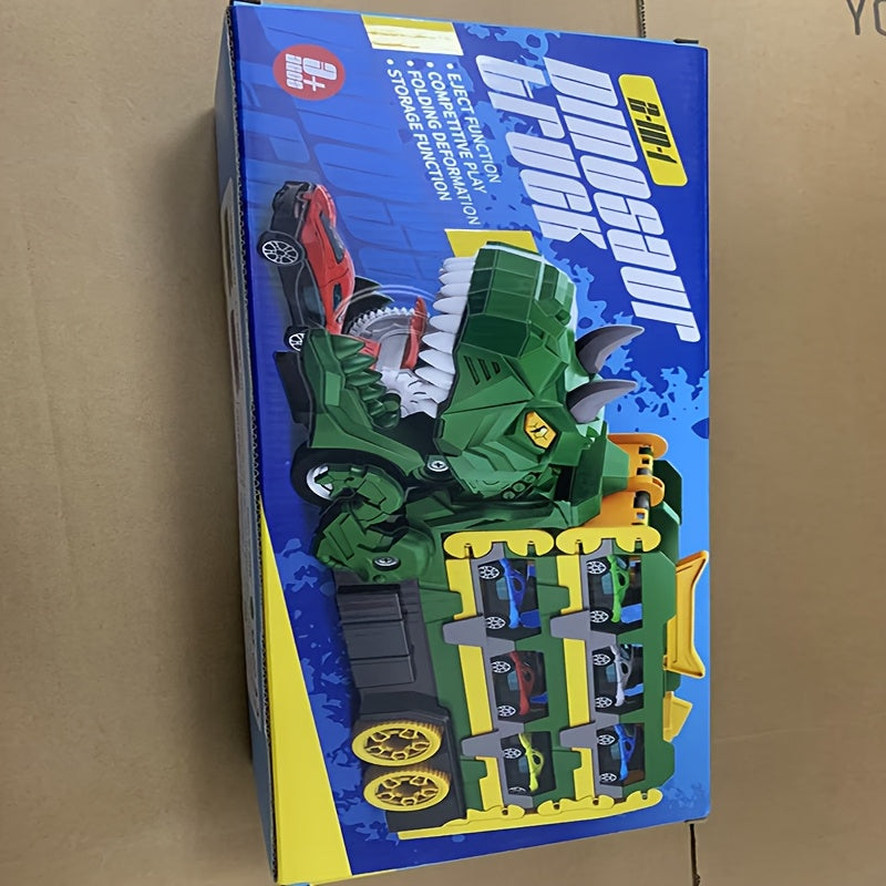 Set Pista Città per Bambini – Camion Dinosauro Trasformabile con 6 Auto, Garage Interattivo, Ideale per Bambini 3-5 Anni, Regalo di Compleanno Invernale