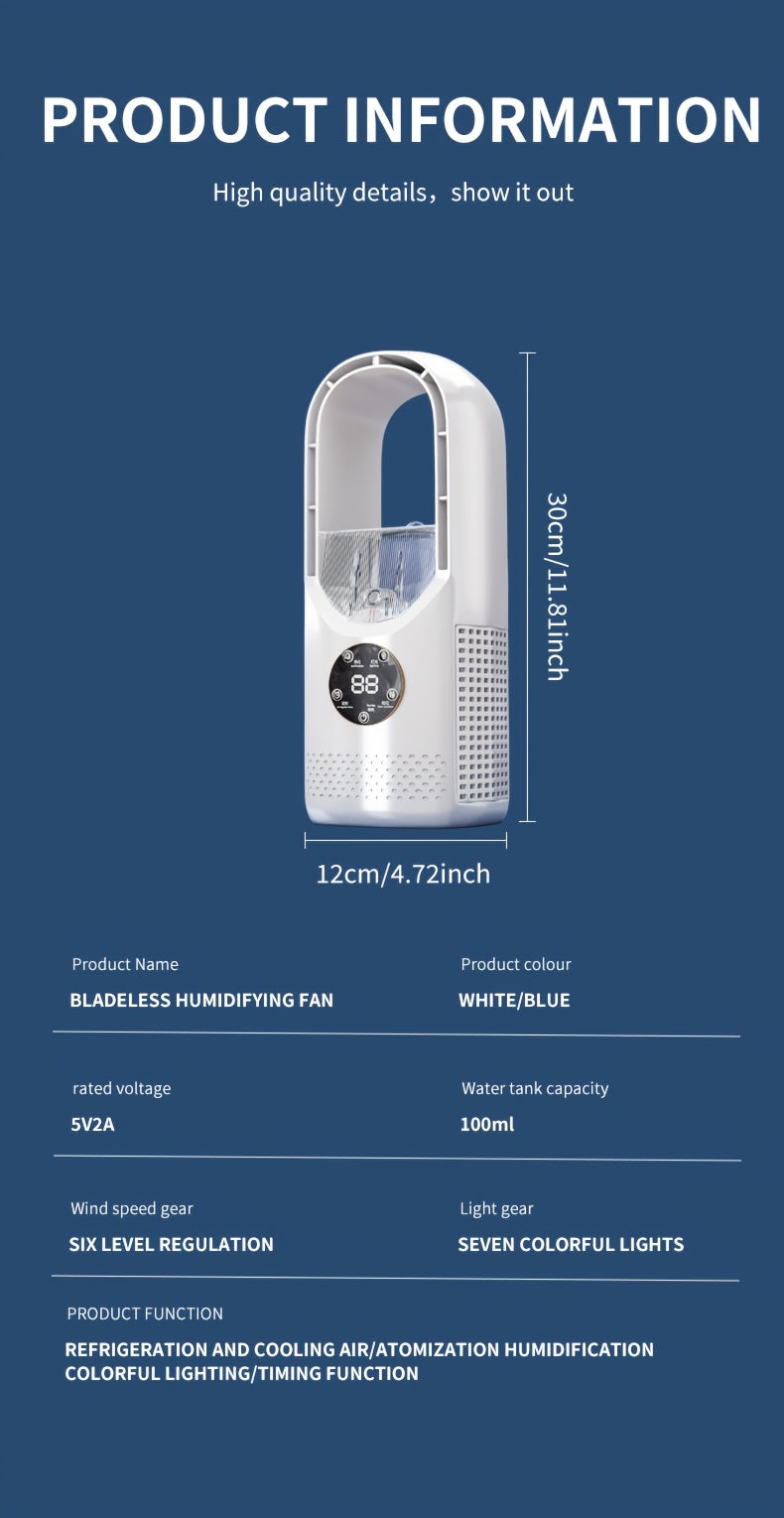 Portable Air Conditioning Fan, USB Tower Fan, Desktop Bladeless Fan - With Water Mist Cooling, Seven-Color LED Ambient Light, Timer and Smart Shutdown - Perfect for Office, Travel, Camping and Home Essentials