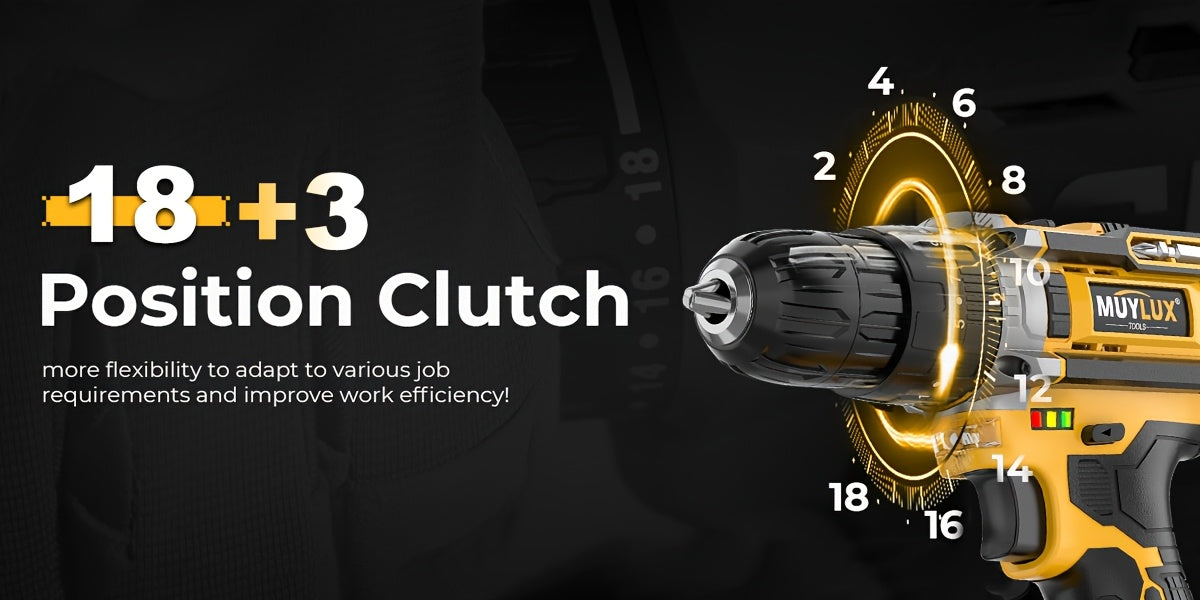 20V Cordless Drill Set, Impact Power Drill with 3/8 Inch Keyless Chuck, 18+3 Clutch Electric Drill with Work Light, Max Torque 45Nm, 2-Variable Speed & 2.0AH Batteries and Fast Charger
