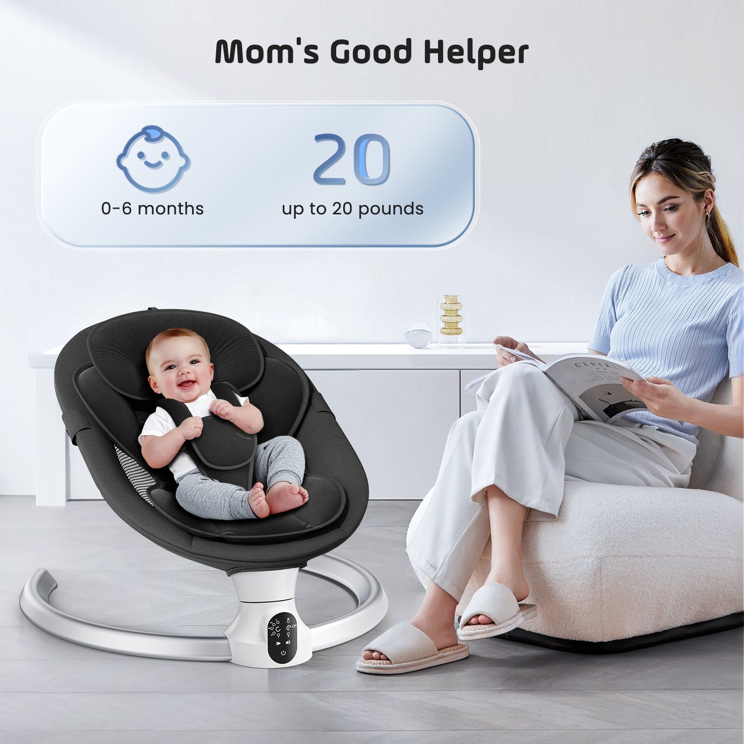 Sedia Dondolo Elettrica per Bambini con Controllo App e Telecomando – Swing Elettrico con Pannello Touch IMD, 5 Ampiezze, Timer 3 Fasi, Seduta Imbottita per Neonati