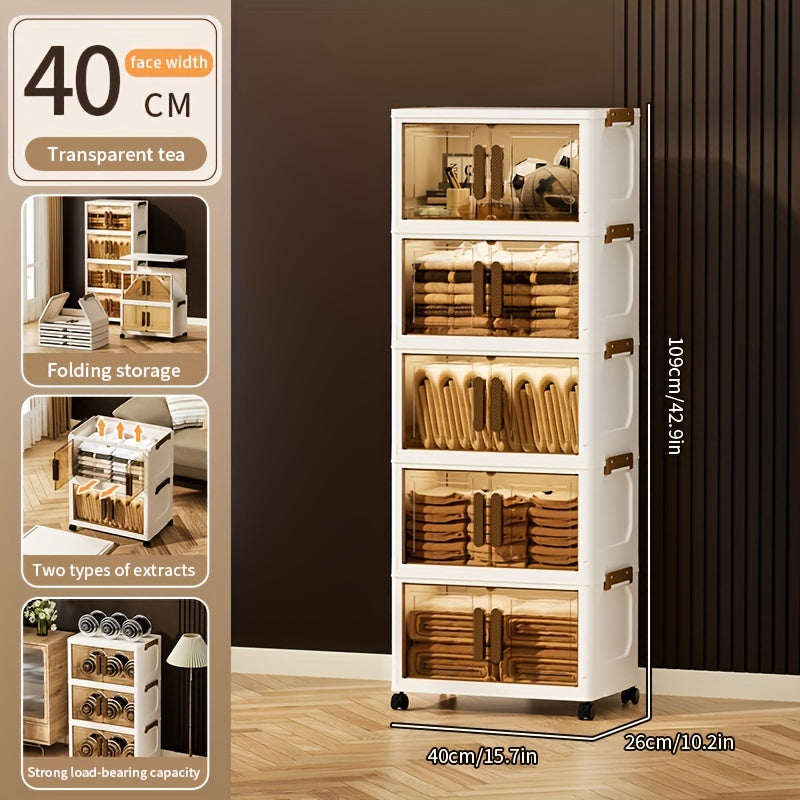 Contenitori Impilabili in Plastica 5 Ripiani con Coperchi – Armadietto Pieghevole, Organizer Collassabile con Ruote per Armadio, Bagno, Casa, Ufficio e Camera da letto