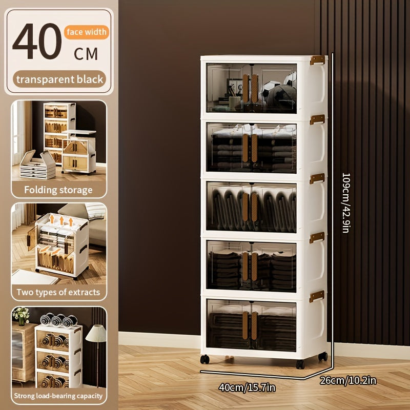 Contenitori Impilabili in Plastica 5 Ripiani con Coperchi – Armadietto Pieghevole, Organizer Collassabile con Ruote per Armadio, Bagno, Casa, Ufficio e Camera da letto