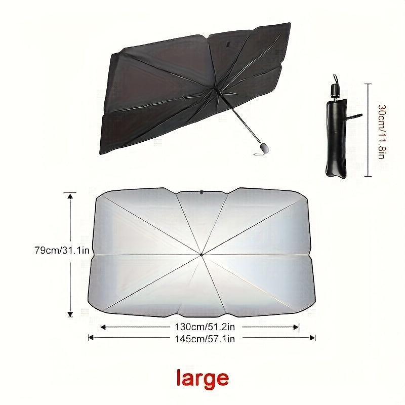 Parasole Avvolgibile Compatto per Parabrezza – Isolamento Termico e Protezione UV, Materiale UPF50+, Adatto alla Maggior Parte dei Veicoli, Facile da Usare, Design Elegante a Ombrello Nero
