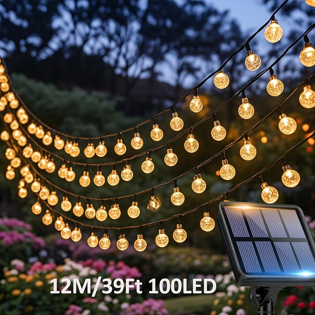 Lumină solară de exterior 20/50/100 LED, ghirlande cu bile calde, 8 moduri, IPX4, pentru grădină, copaci, patio, nuntă, petrecere și Crăciun
