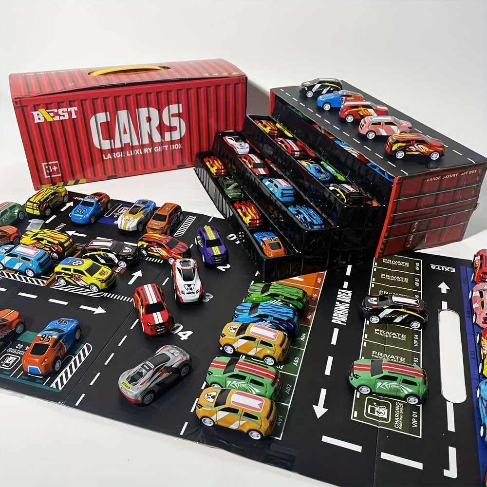 Set 48 Auto da Corsa in Miniatura – Edizione da Collezione con Mappa, Pista e Garage a 4 Piani, Giocattolo Interattivo, Ideale come Regalo per Bambini e Feste