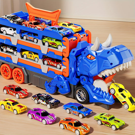 Set Pista Città per Bambini – Camion Dinosauro Trasformabile con 6 Auto, Garage Interattivo, Ideale per Bambini 3-5 Anni, Regalo di Compleanno Invernale