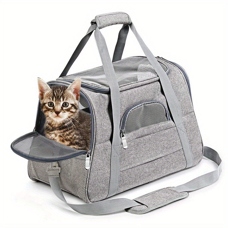 Trasportino Gatto Portatile con Materassino – Grande Capacità, Tasche Traspiranti, Chiusura con Cerniera, Imbottitura Morbida, Cinghie Sicure per Auto e Esterno