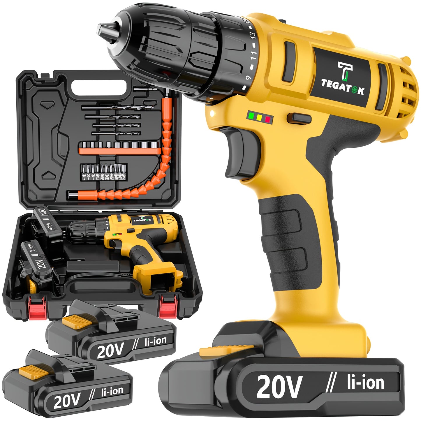 20V Cordless Drill Set, Impact Power Drill with 3/8 Inch Keyless Chuck, 18+3 Clutch Electric Drill with Work Light, Max Torque 45Nm, 2-Variable Speed &amp; 2.0AH Batteries and Fast Charger