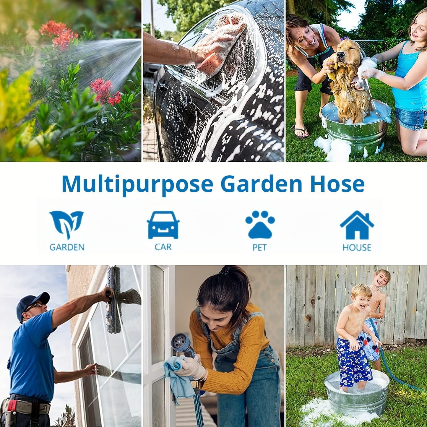 100ft Heavy-Duty Rubber Garden Hose with 10-Function High-Pressure Spray Nozzle - Lightweight, Non-Expandable 3/4" Diameter, US Standard Threads for Yard, Lawn, Car Wash &amp; Outdoor Use (25/50/75/100ft Available), Garden Hose No