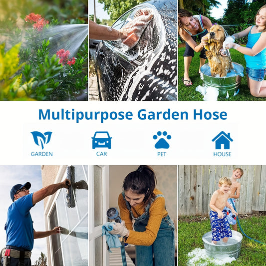 100ft Heavy-Duty Rubber Garden Hose with 10-Function High-Pressure Spray Nozzle - Lightweight, Non-Expandable 3/4" Diameter, US Standard Threads for Yard, Lawn, Car Wash &amp; Outdoor Use (25/50/75/100ft Available), Garden Hose No