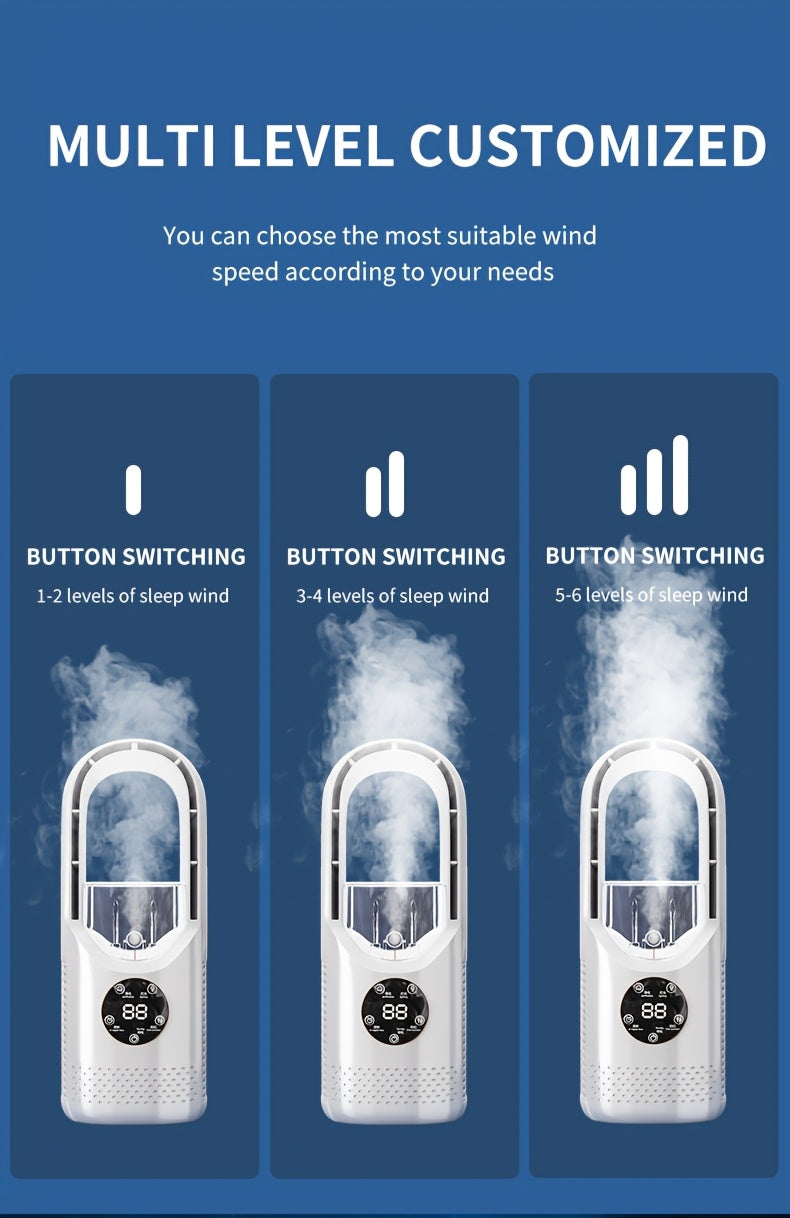 Portable Air Conditioning Fan, USB Tower Fan, Desktop Bladeless Fan - With Water Mist Cooling, Seven-Color LED Ambient Light, Timer and Smart Shutdown - Perfect for Office, Travel, Camping and Home Essentials