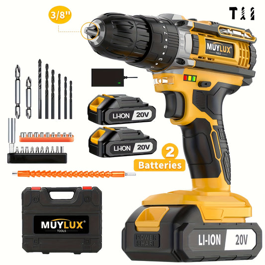 20V Cordless Drill Set, Impact Power Drill with 3/8 Inch Keyless Chuck, 18+3 Clutch Electric Drill with Work Light, Max Torque 45Nm, 2-Variable Speed &amp; 2.0AH Batteries and Fast Charger