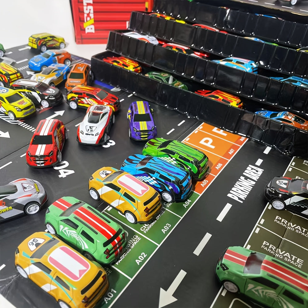 Set 48 Auto da Corsa in Miniatura – Edizione da Collezione con Mappa, Pista e Garage a 4 Piani, Giocattolo Interattivo, Ideale come Regalo per Bambini e Feste