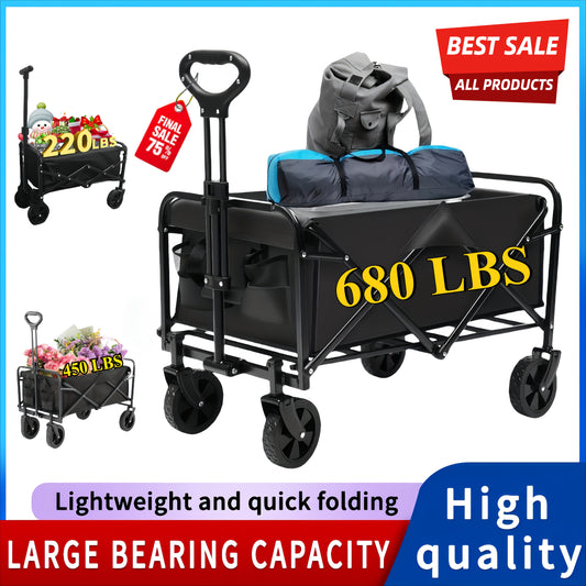 220LBS/ 450LBS/ 680LBS All-Terrain Heavy-Duty Folding Cart, Large Capacity Camper Suitable for Yard Shopping/Sports/Outdoor/Gardening Equipment Handling, Black Multifunctional Utility Cart