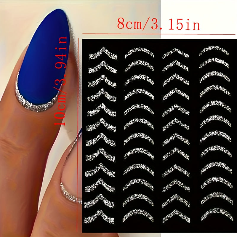 Adesivi per Unghie Glitter Argento di Lusso – Autoadesivi, Strisce e Curve Brillanti per Manicure Eleganti