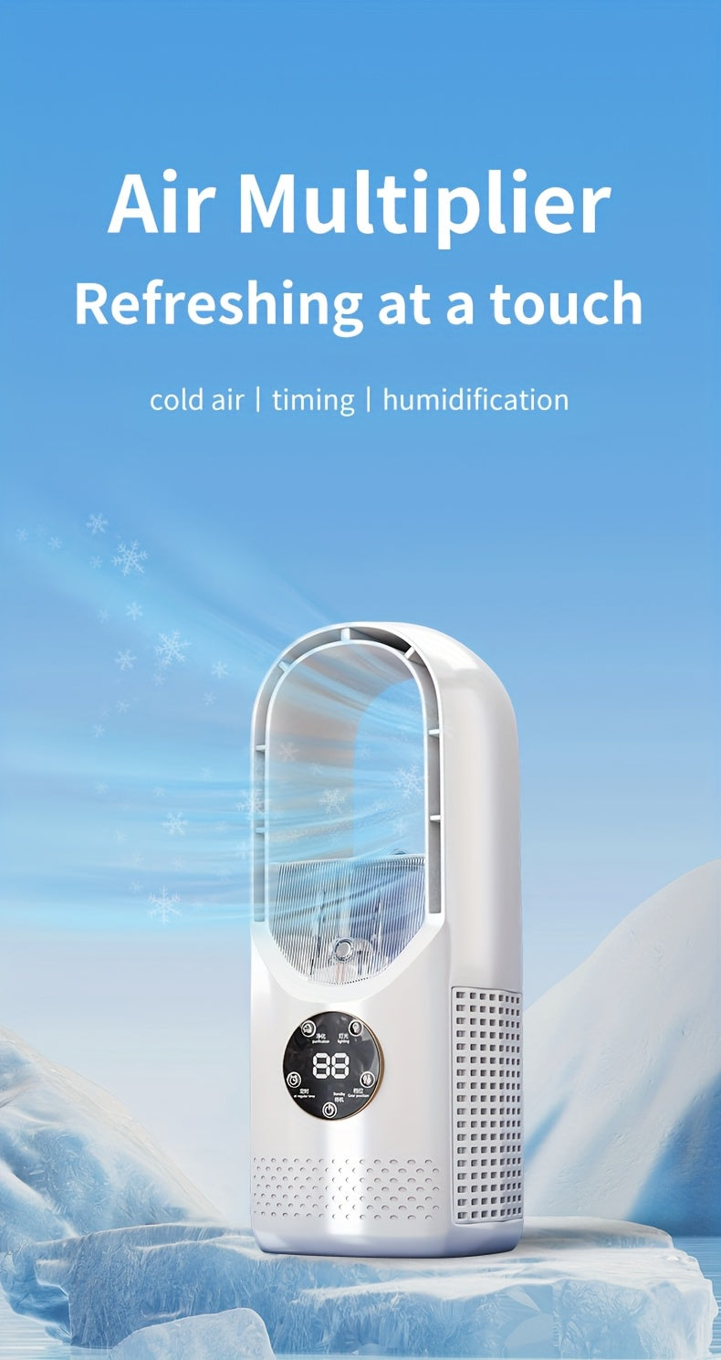 Portable Air Conditioning Fan, USB Tower Fan, Desktop Bladeless Fan - With Water Mist Cooling, Seven-Color LED Ambient Light, Timer and Smart Shutdown - Perfect for Office, Travel, Camping and Home Essentials
