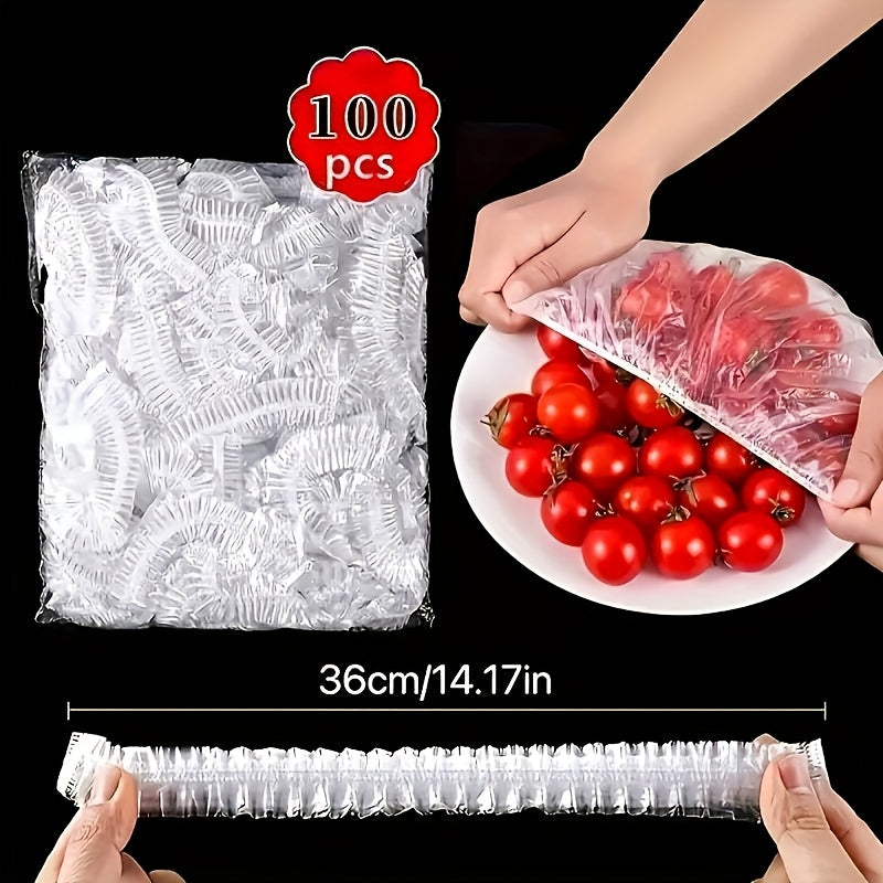 Set 100 Capace Elastice Reutilizabile pentru Depozitarea Alimentelor – Folie Transparentă Extensibilă pentru Boluri și Farfurii, Fără Miros, Alternativă la Folia de Aluminiu, Sigură pentru Contact cu Alimentele