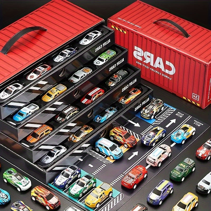 Set 48 Auto da Corsa in Miniatura – Edizione da Collezione con Mappa, Pista e Garage a 4 Piani, Giocattolo Interattivo, Ideale come Regalo per Bambini e Feste