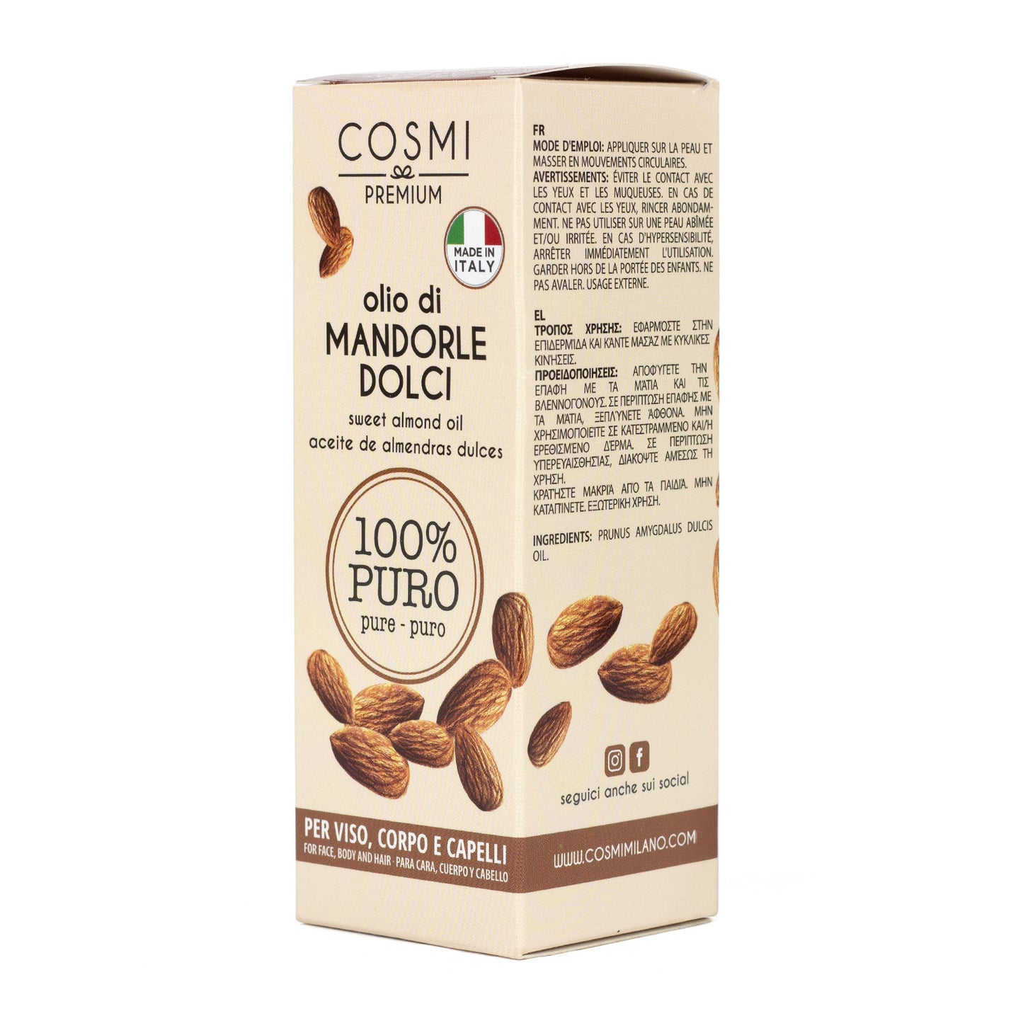 COSMI Olio di Mandorle 100% Puro – Viso, Corpo e Capelli, Made in Italy, 100ml