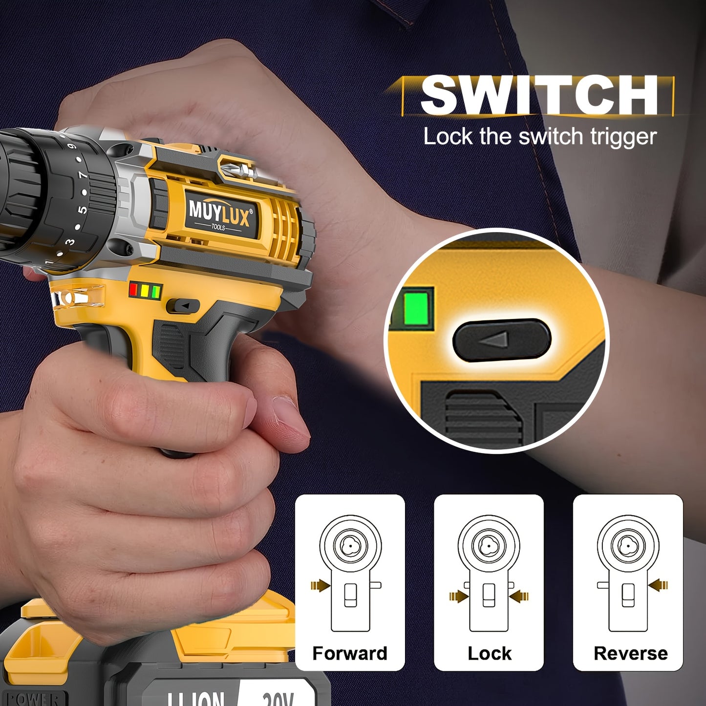 20V Cordless Drill Set, Impact Power Drill with 3/8 Inch Keyless Chuck, 18+3 Clutch Electric Drill with Work Light, Max Torque 45Nm, 2-Variable Speed &amp; 2.0AH Batteries and Fast Charger