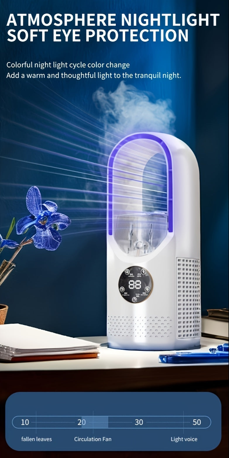 Portable Air Conditioning Fan, USB Tower Fan, Desktop Bladeless Fan - With Water Mist Cooling, Seven-Color LED Ambient Light, Timer and Smart Shutdown - Perfect for Office, Travel, Camping and Home Essentials