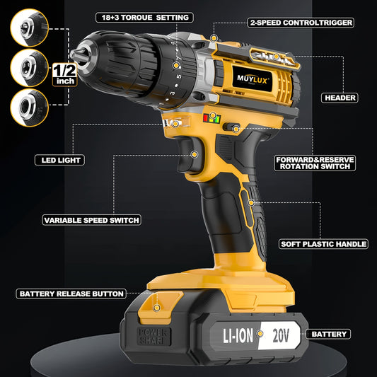 20V Cordless Drill Set, Impact Power Drill with 3/8 Inch Keyless Chuck, 18+3 Clutch Electric Drill with Work Light, Max Torque 45Nm, 2-Variable Speed &amp; 2.0AH Batteries and Fast Charger