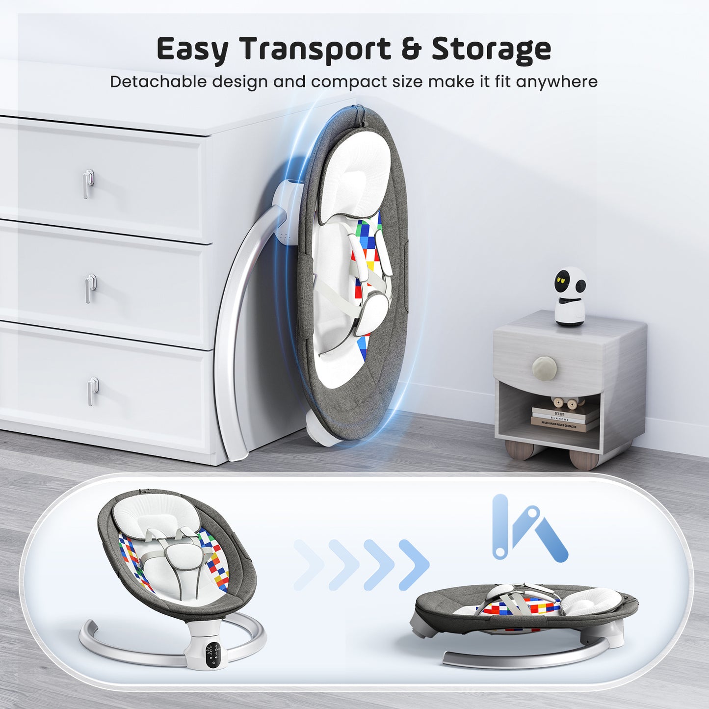 Sedia Dondolo Elettrica per Bambini con Controllo App e Telecomando – Swing Elettrico con Pannello Touch IMD, 5 Ampiezze, Timer 3 Fasi, Seduta Imbottita per Neonati