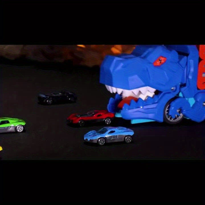 Set Pista Città per Bambini – Camion Dinosauro Trasformabile con 6 Auto, Garage Interattivo, Ideale per Bambini 3-5 Anni, Regalo di Compleanno Invernale