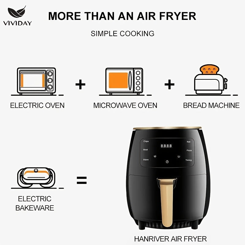 VIVIDAY Friggitrice ad Aria 1400W – Elettrica Stile Europeo per Casa, Facile da Usare, Perfetta per Patatine, Forno e Cucina Moderna, 220-240V, Nero, Robusta e Duratura