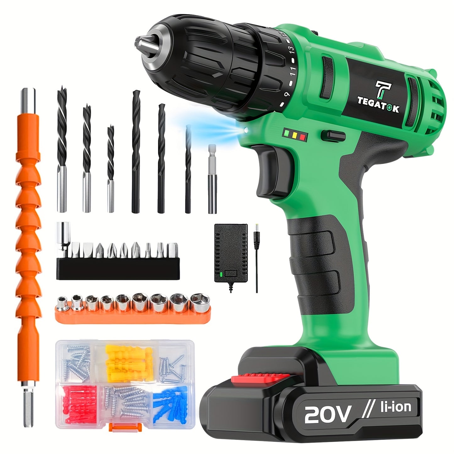20V Cordless Drill Set, Impact Power Drill with 3/8 Inch Keyless Chuck, 18+3 Clutch Electric Drill with Work Light, Max Torque 45Nm, 2-Variable Speed &amp; 2.0AH Batteries and Fast Charger