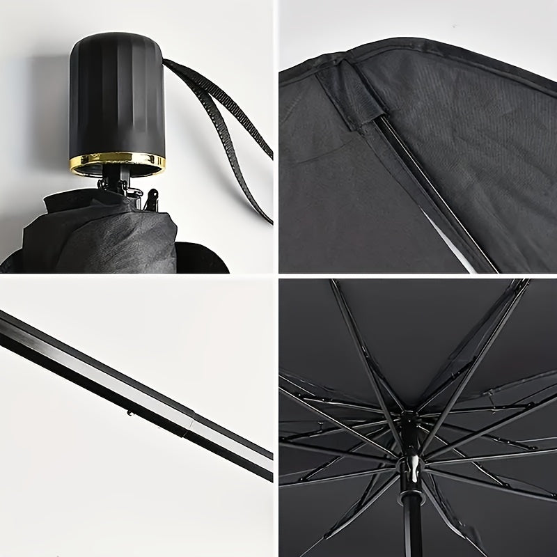 Parasole Avvolgibile Compatto per Parabrezza – Isolamento Termico e Protezione UV, Materiale UPF50+, Adatto alla Maggior Parte dei Veicoli, Facile da Usare, Design Elegante a Ombrello Nero